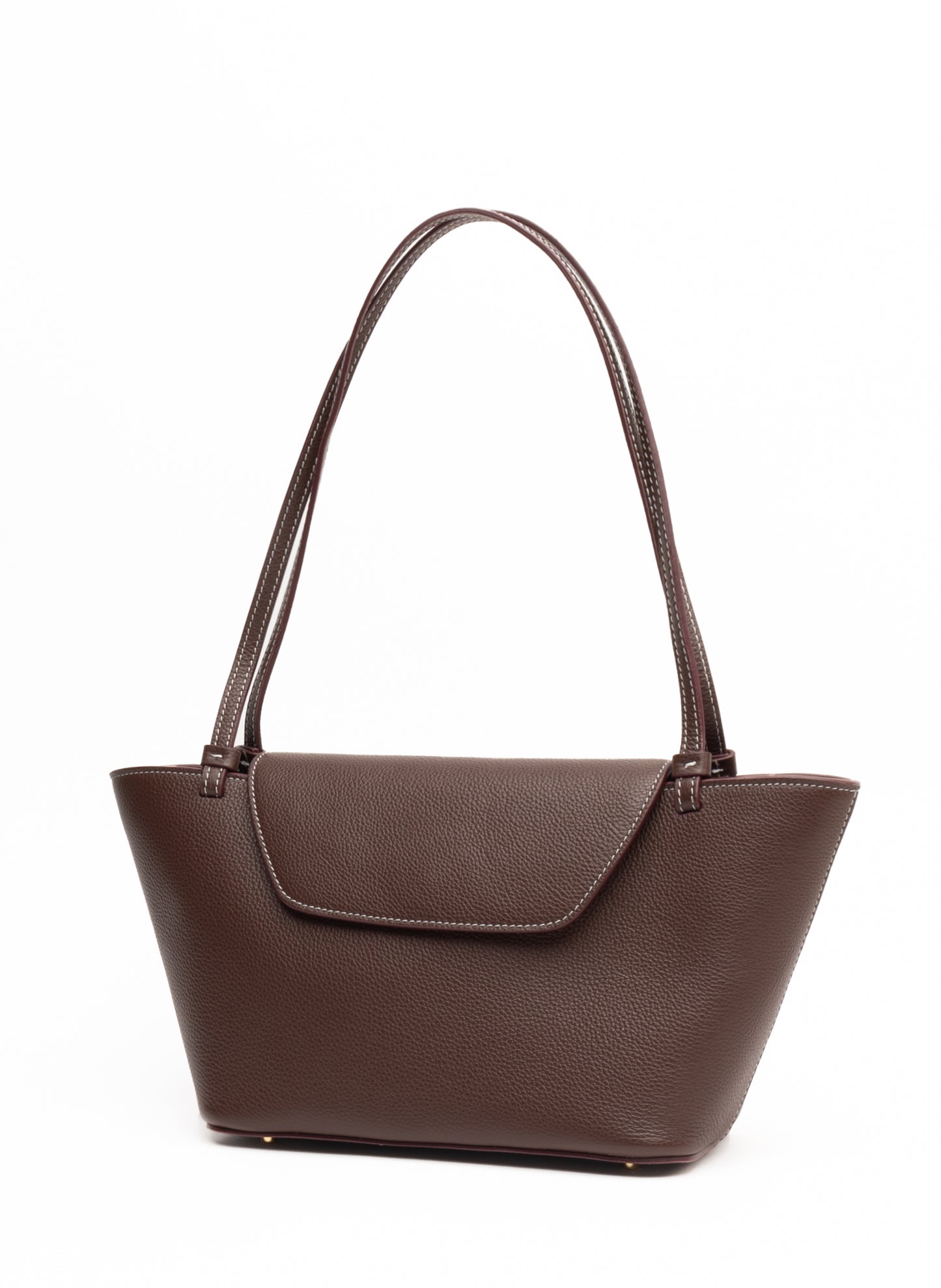 Courrier Tote Genarbtes Leder Dunkelbraun/Weiße Nähte