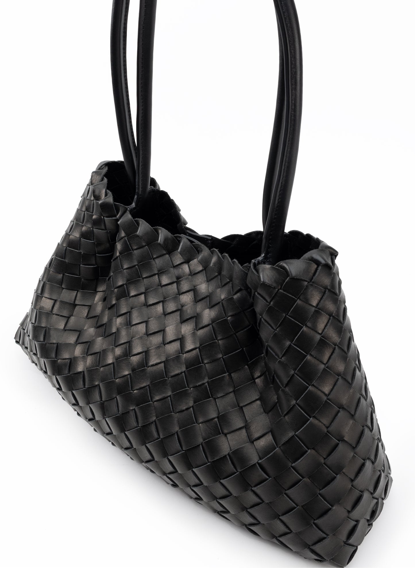 Dimple Tote Medium Woven Leather Black