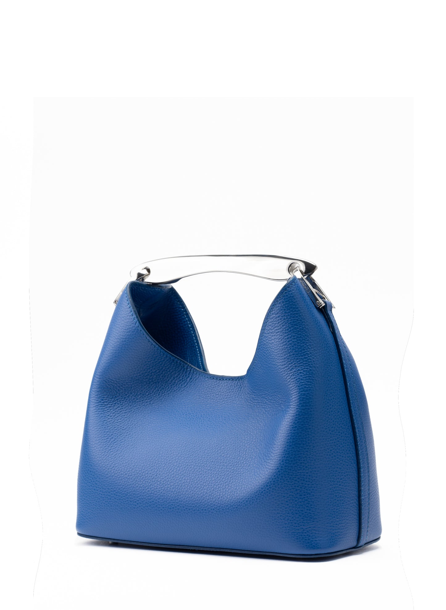 Kleiner Boomerang Genarbtes Leder Azurblau-Silber