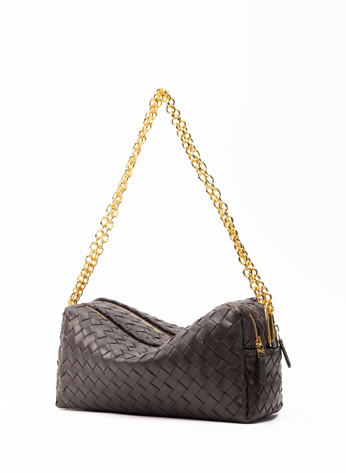 Trousse Cuir tressé à chaîne marron foncé
