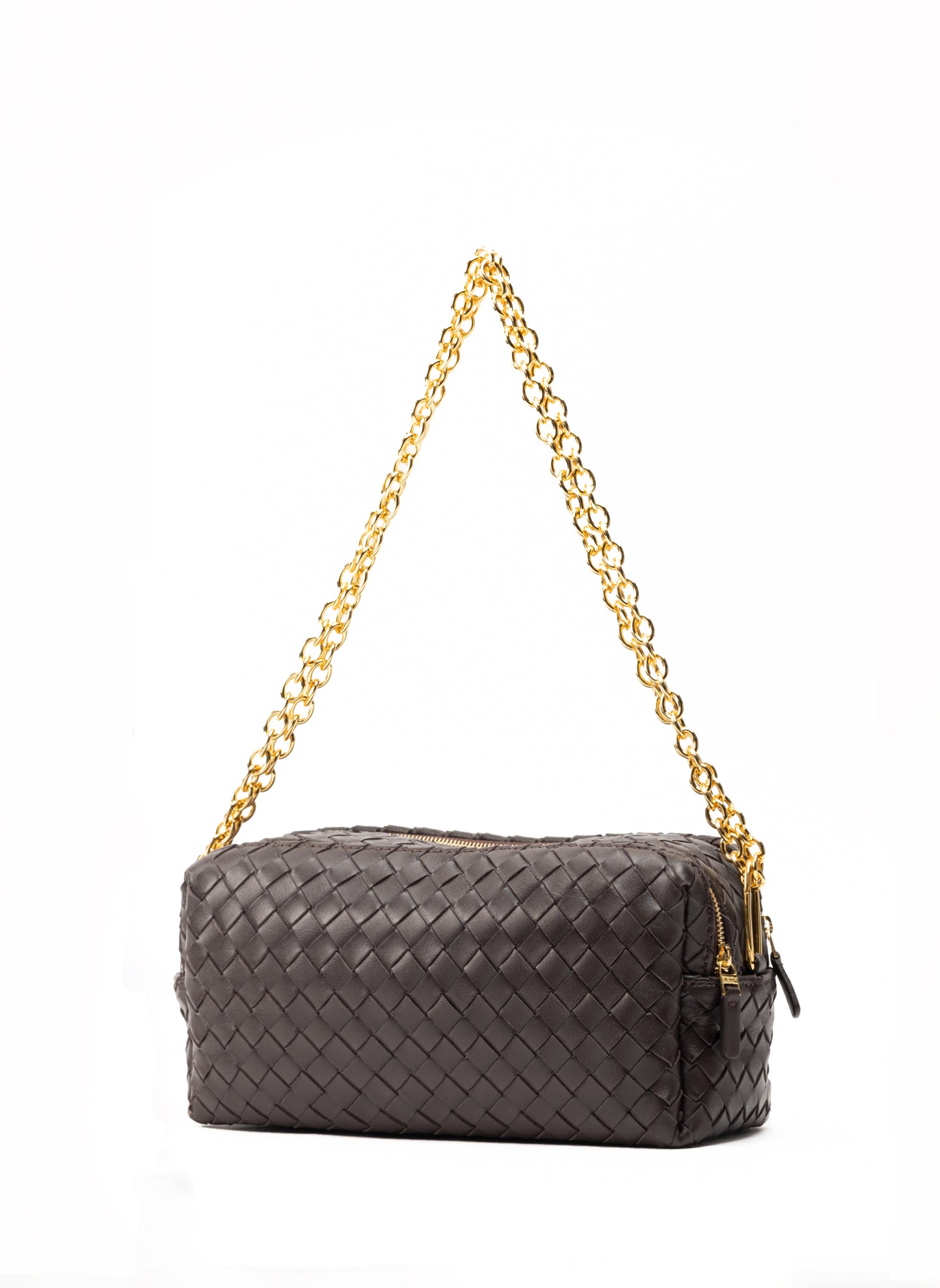 Trousse Cuir tressé à chaîne marron foncé