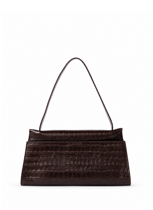 Long Papillon Croco Embossed Leather Dark Brown