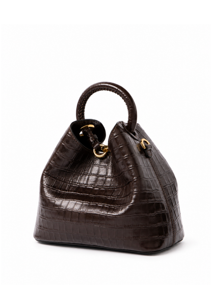 Baozi Croco Embossed Leather Dark Brown