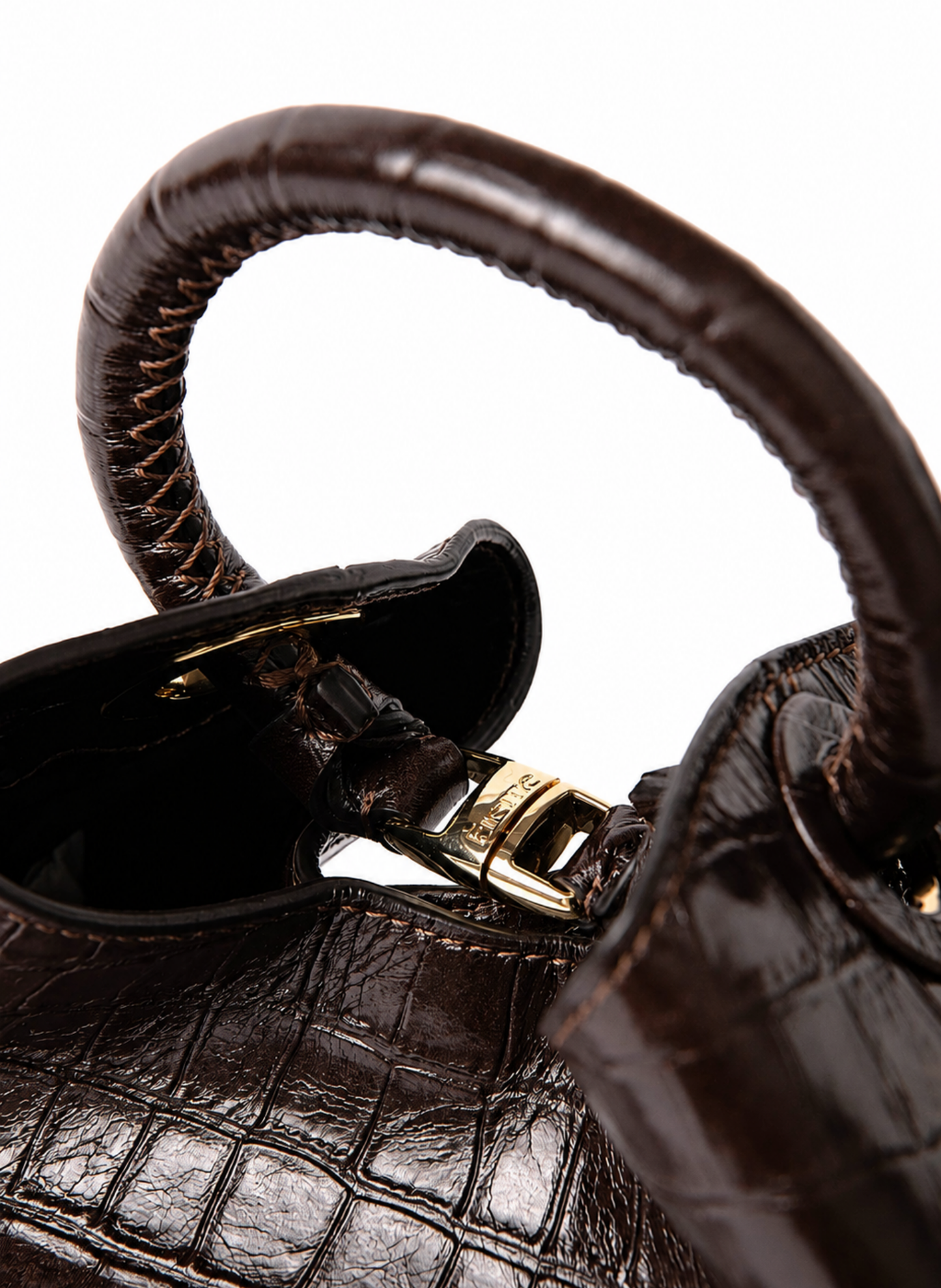 Baozi Croco Embossed Leather Dark Brown