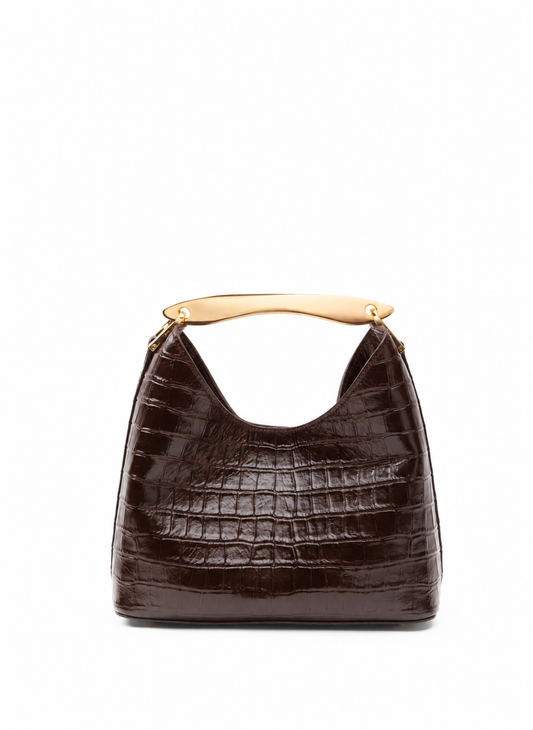 Small Boomerang Croco Embossed Leather Dark Brown