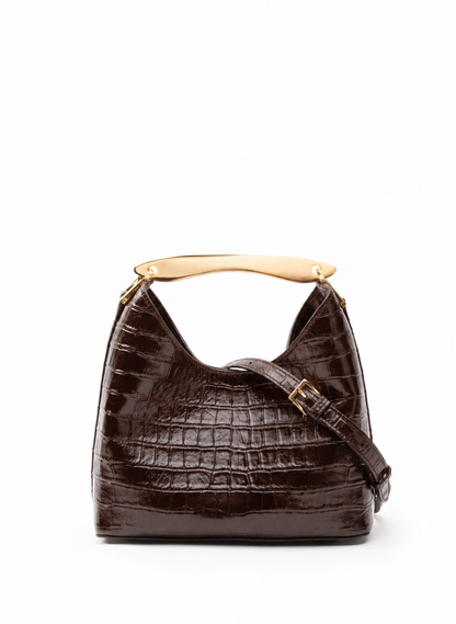 Small Boomerang Croco Embossed Leather Dark Brown