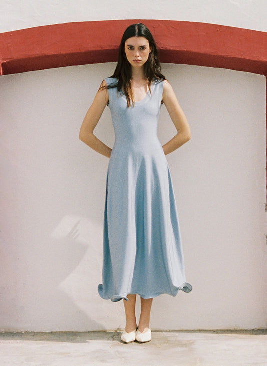 Wavy Skirt Knit Sleeveless Dress Blue