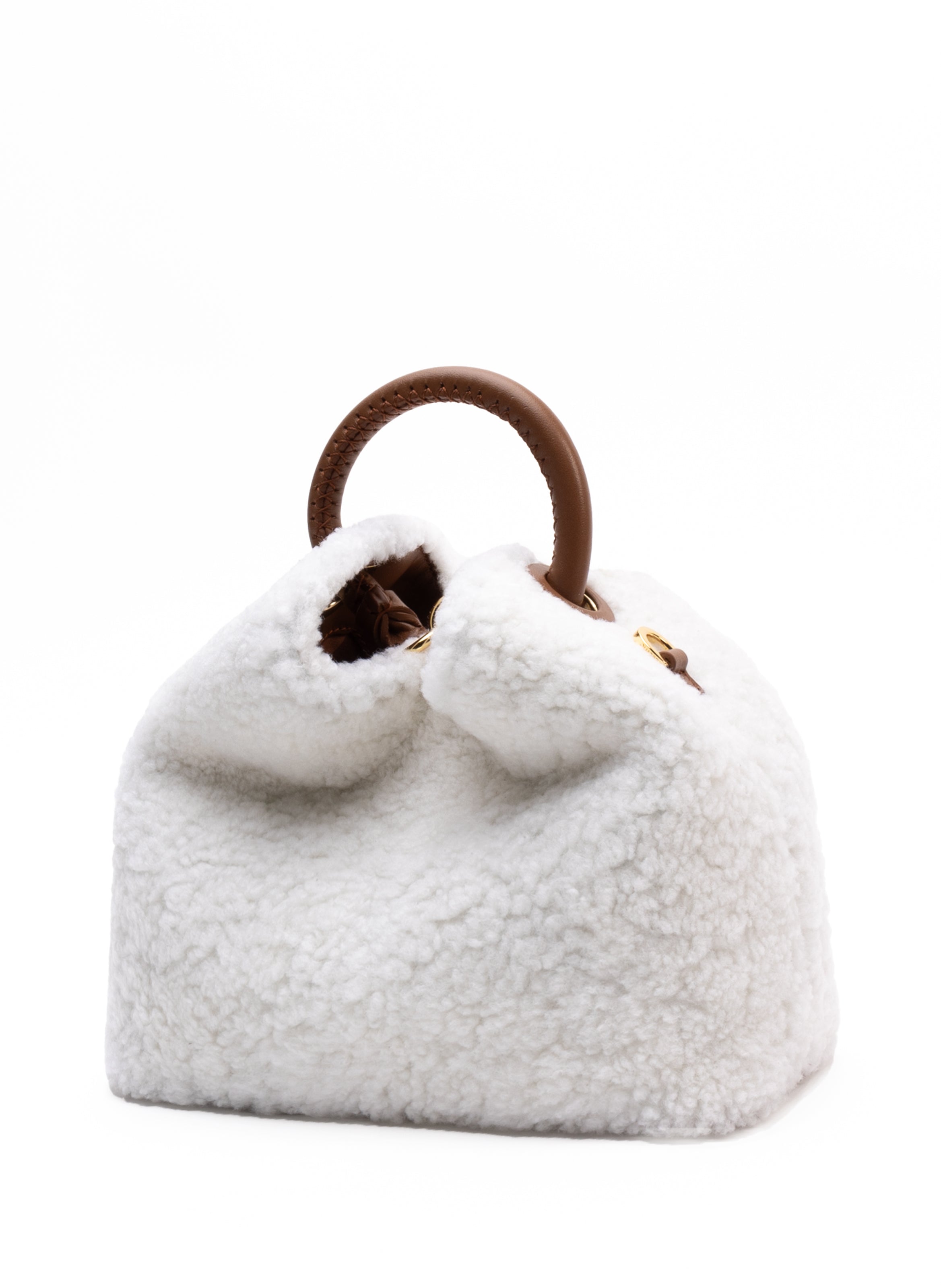 Baozi Shearling Teddy White Cognac - Fuzzy Shoulder Bag - Elleme