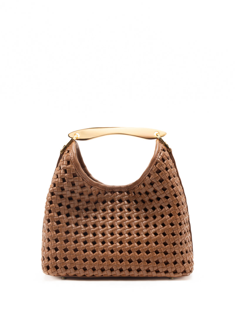 Small Boomerang Woven Leather Cognac