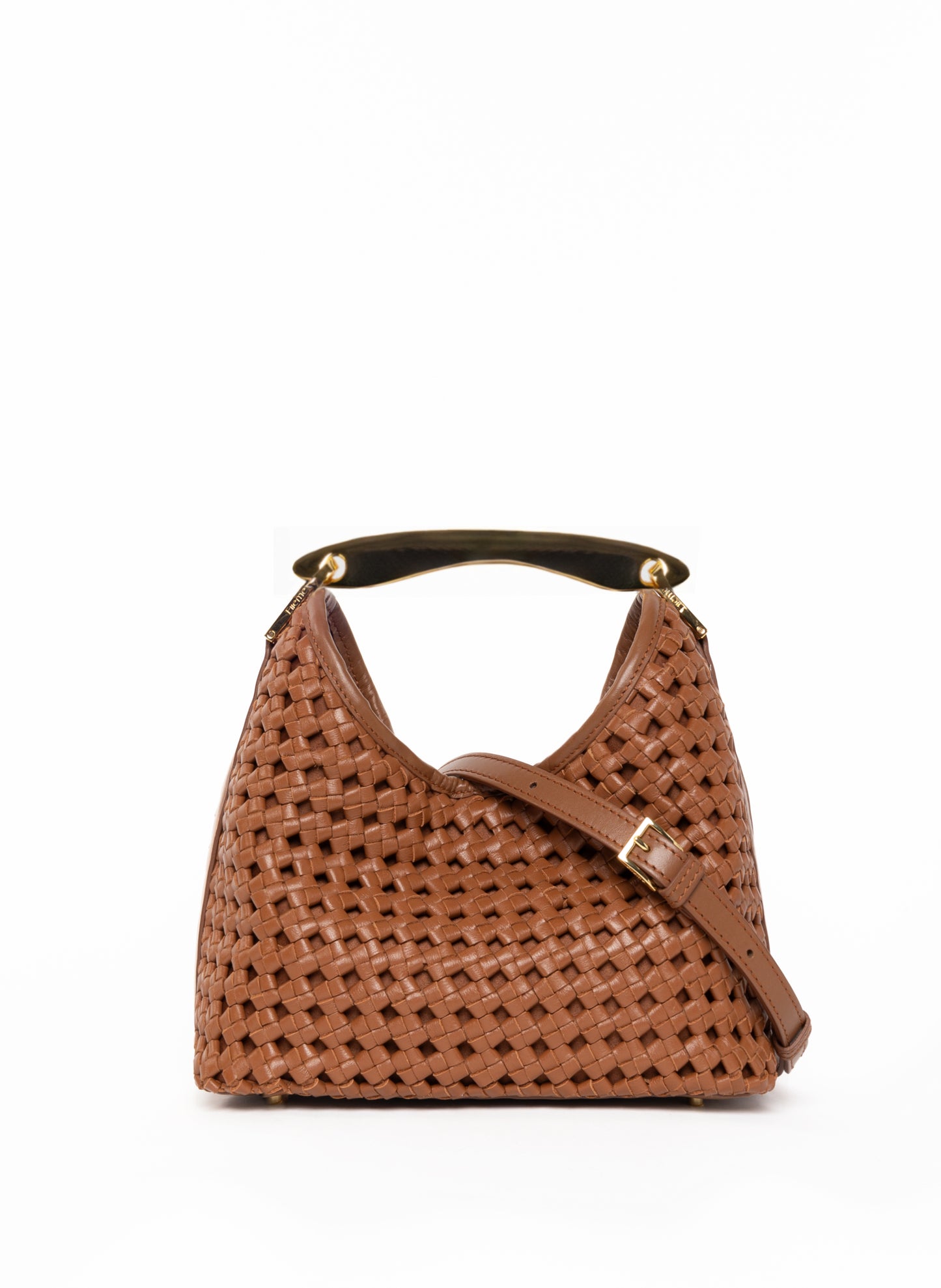 Small Boomerang Woven Leather Cognac