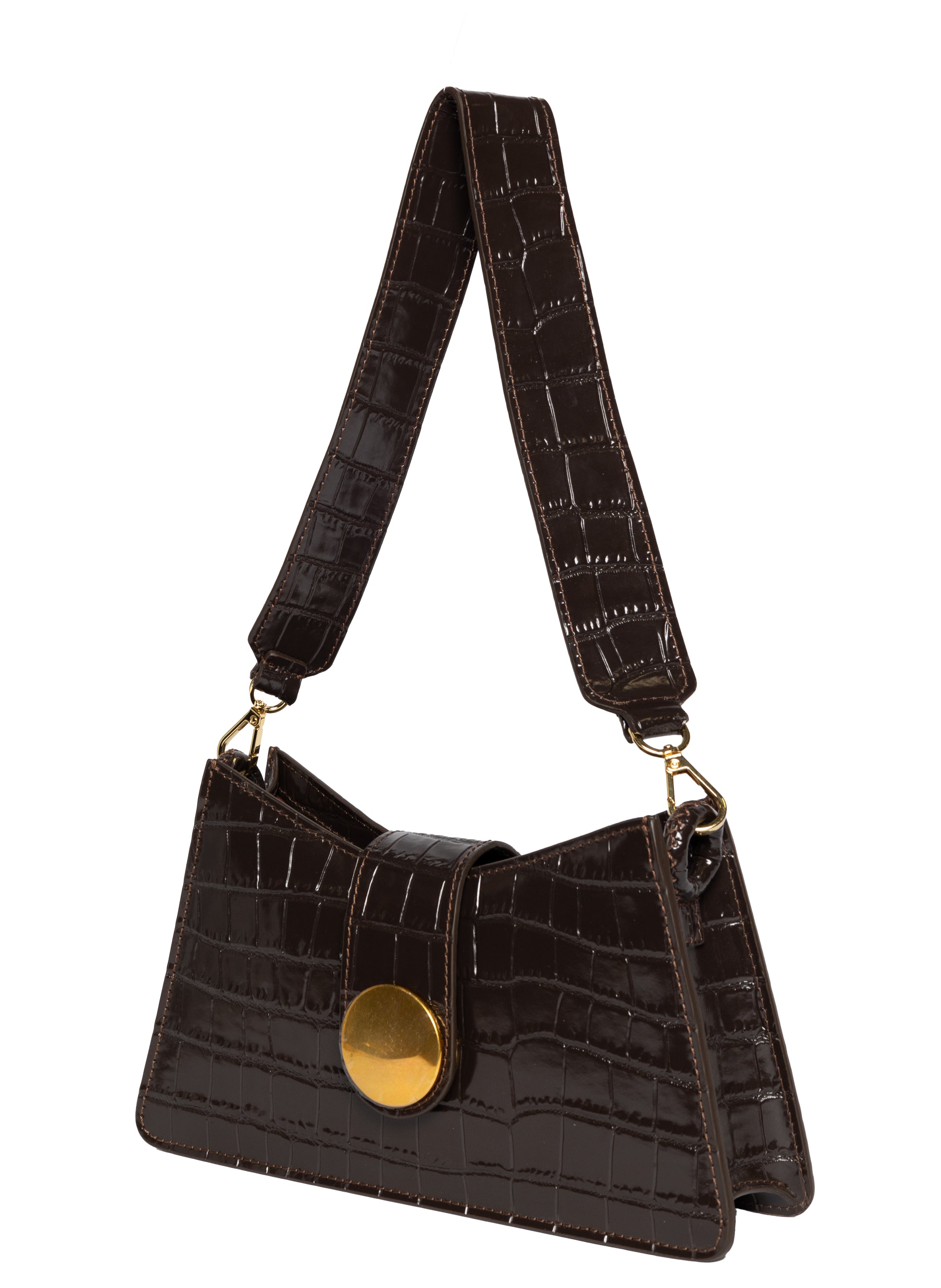 Buckle Shoulder Bag Croco Print Leather Dark Brown Elleme