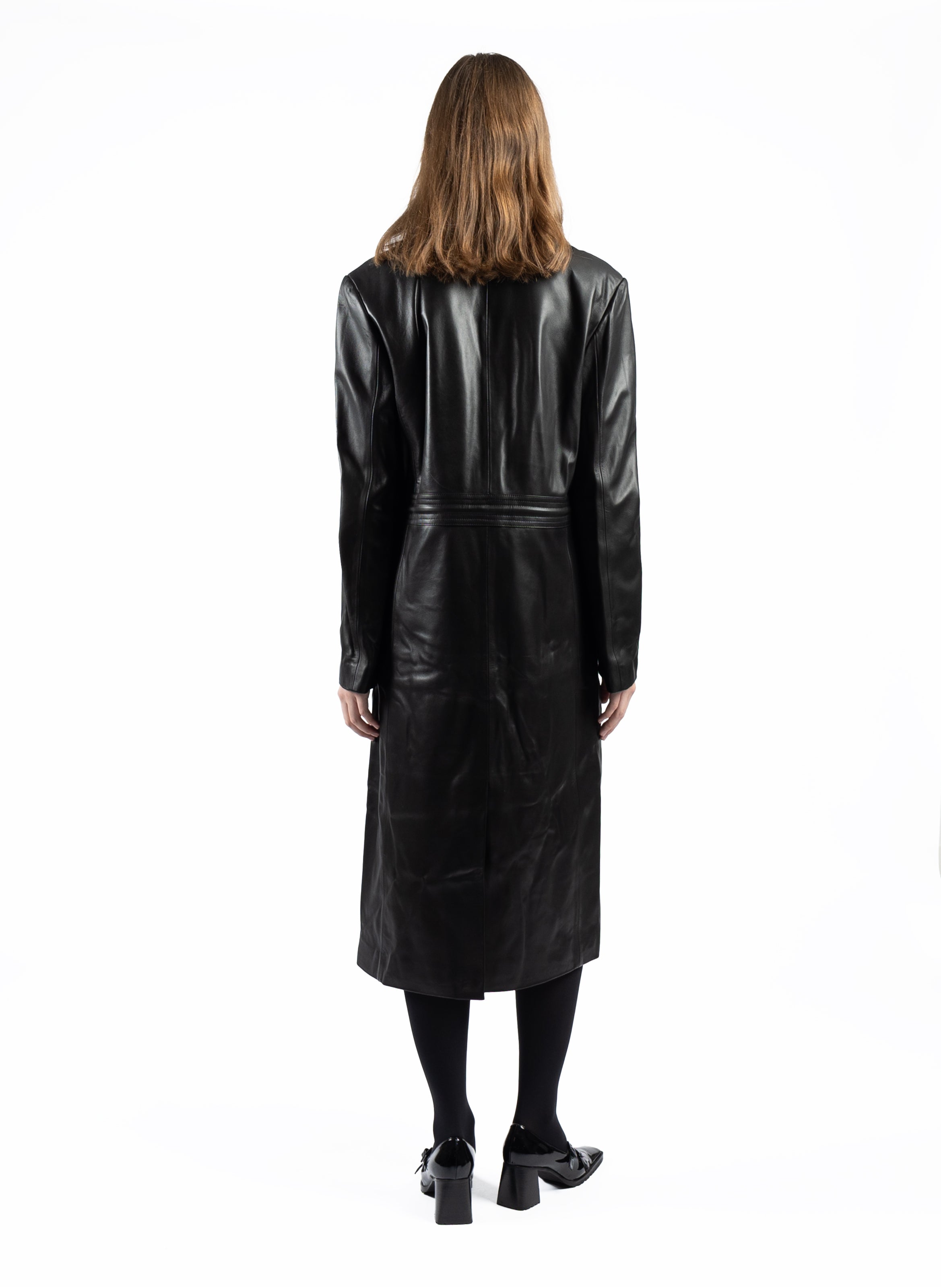 Full length black store leather coat