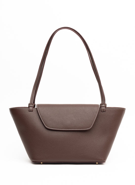 Sac fourre-tout Courrier en cuir grainé marron foncé/coutures blanches