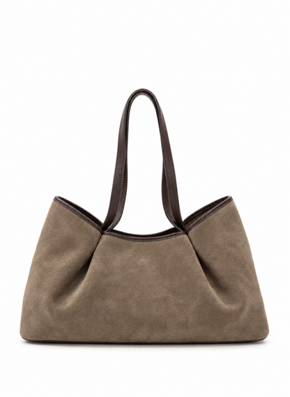Dimple Tote Medium Suede/Leather Taupe/Tabacco Trimming