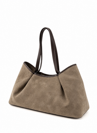 Dimple Tote Medium Suede/Leather Taupe/Tabacco Trimming