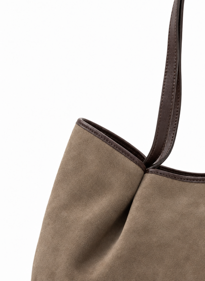 Dimple Tote Medium Suede/Leather Taupe/Tabacco Trimming