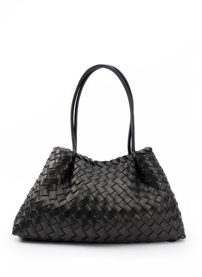Dimple Tote Medium Woven Leather Black
