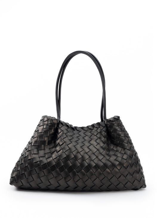 Dimple Tote Medium Woven Leather Black