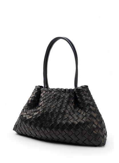 Dimple Tote Medium Woven Leather Black
