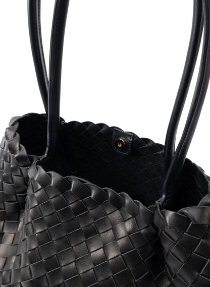 Dimple Tote Medium Woven Leather Black