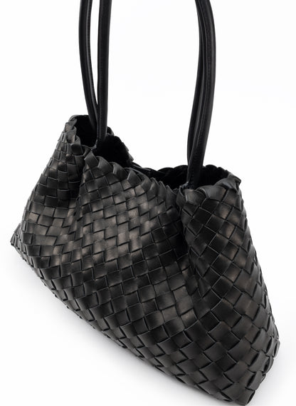 Dimple Tote Medium Woven Leather Black