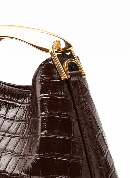 Mini Boomerang Croco Embossed Leather Dark Brown