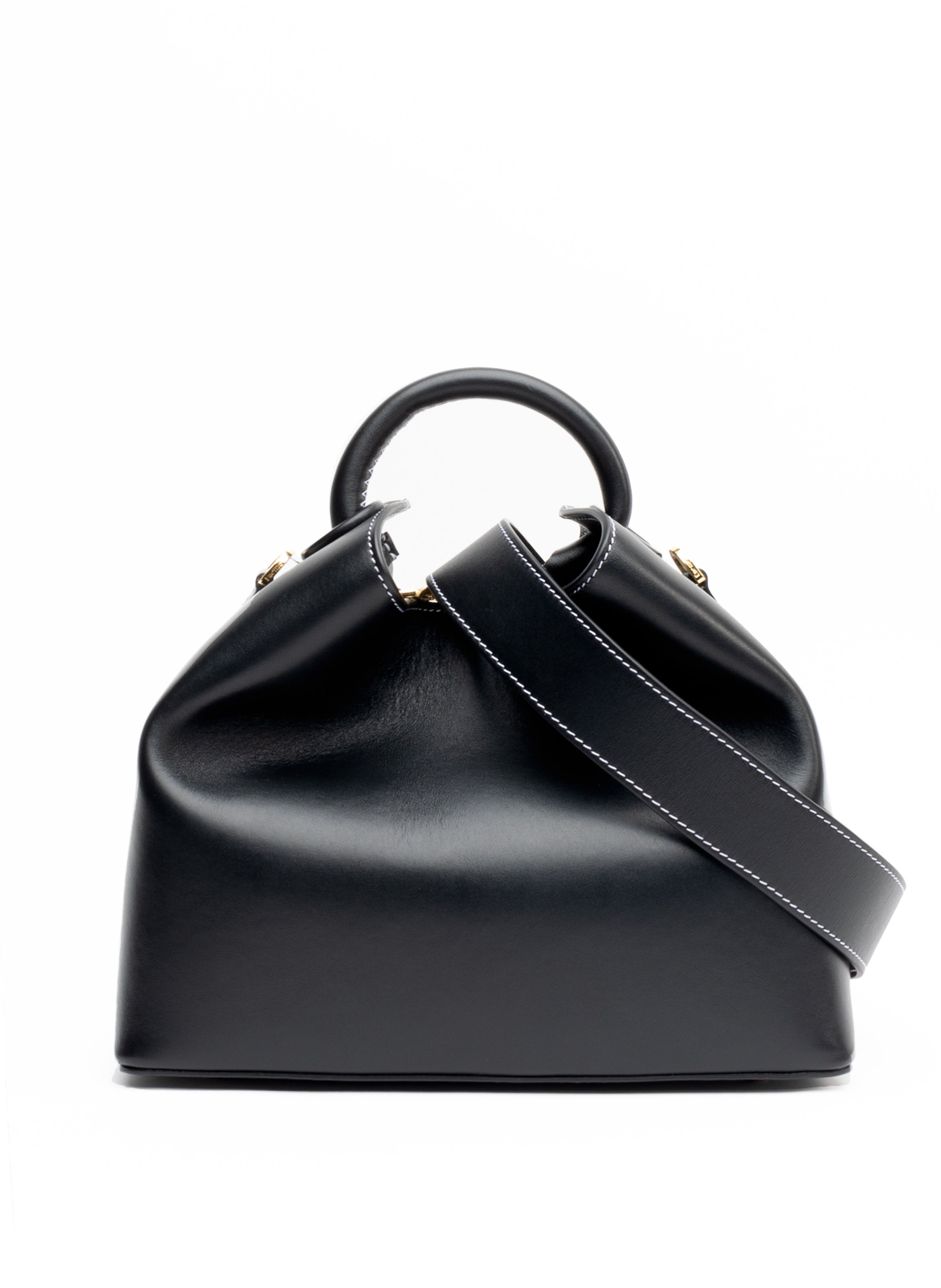 Raisin Leather Black White Stitches - Top Handle Handbag for Women