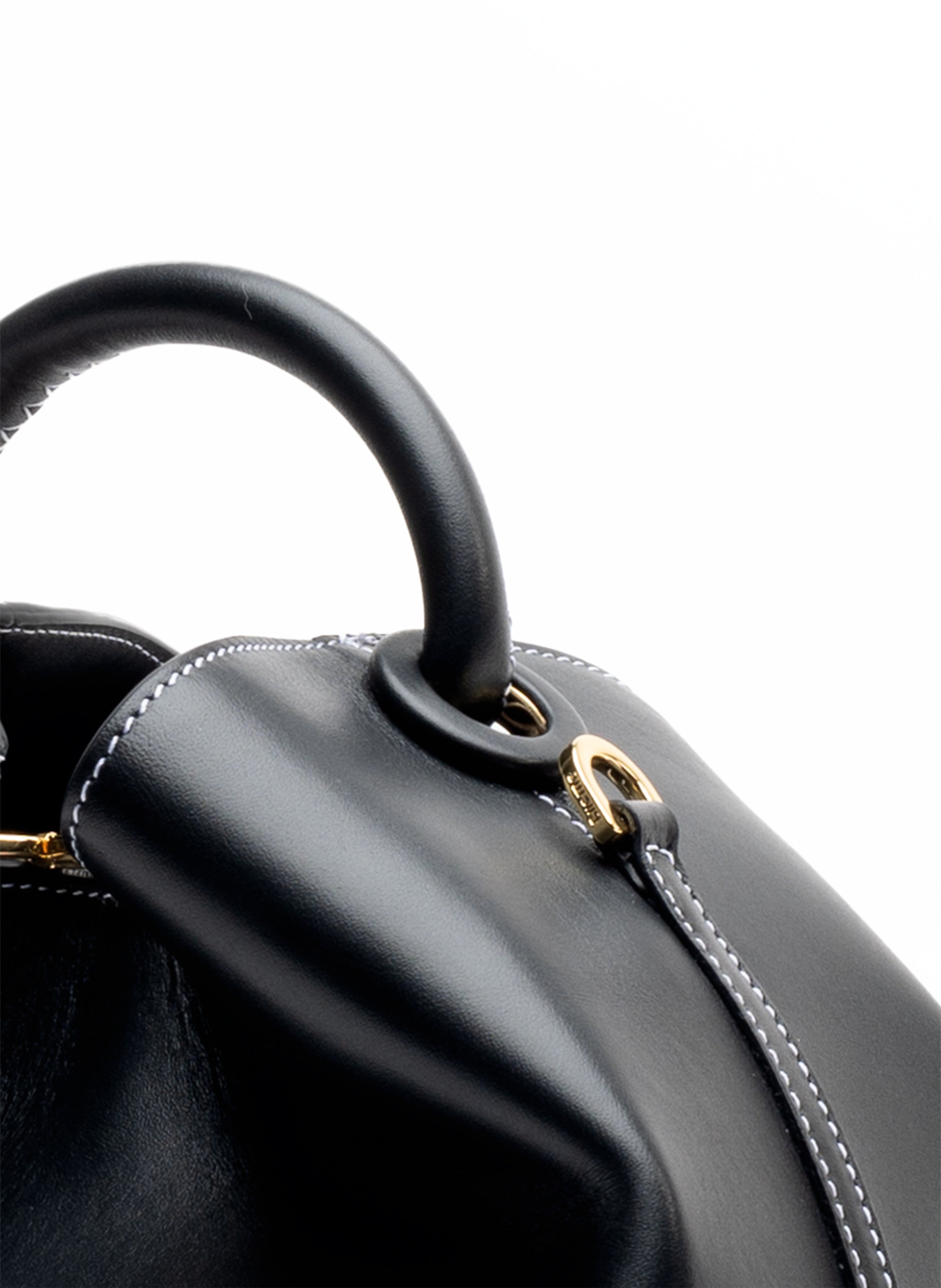 Raisin Leather Black White Stitches - Top Handle Handbag for Women