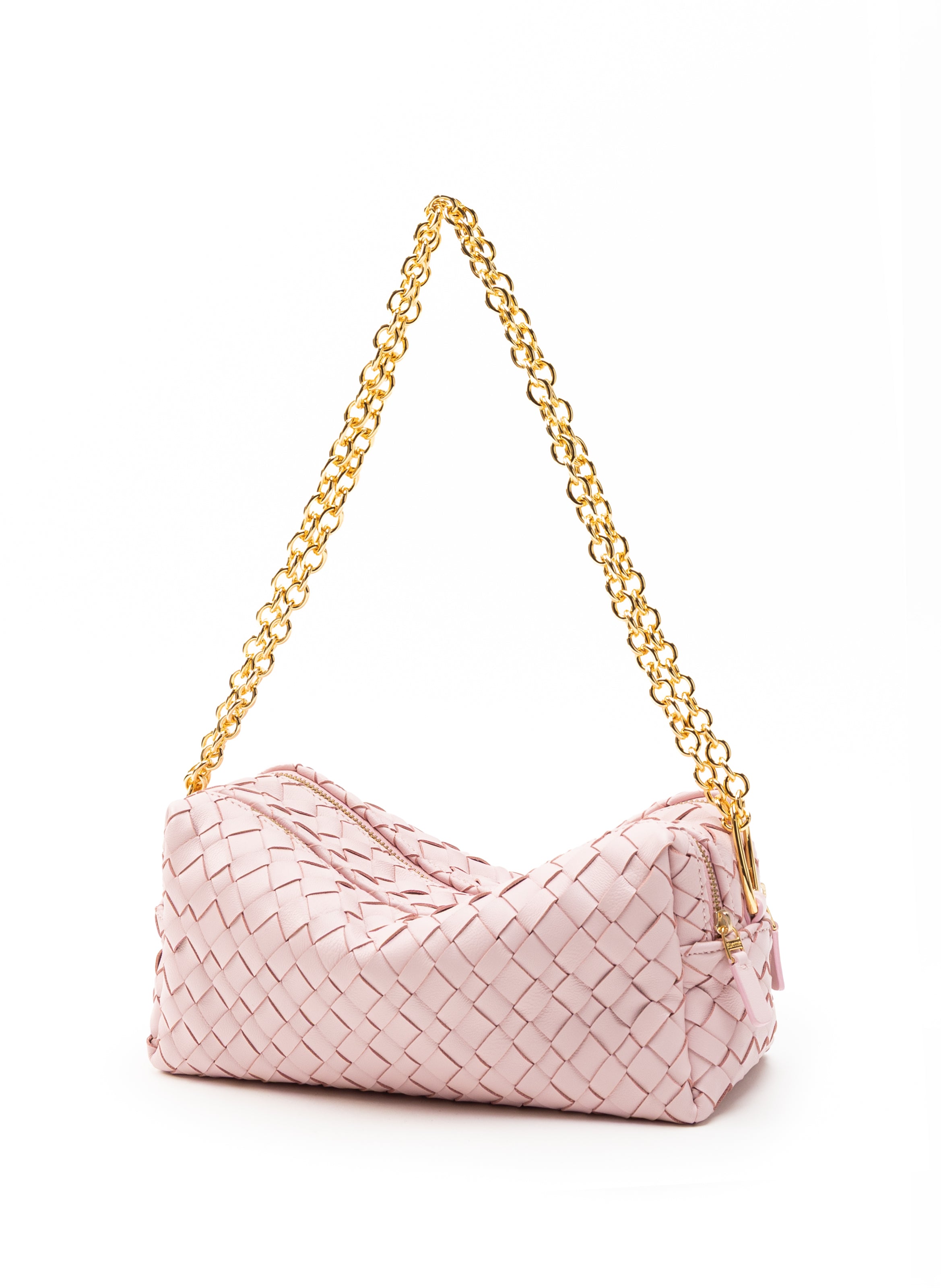 Trousse Chain Woven Leather Pink - French Woven Handbags - Elleme