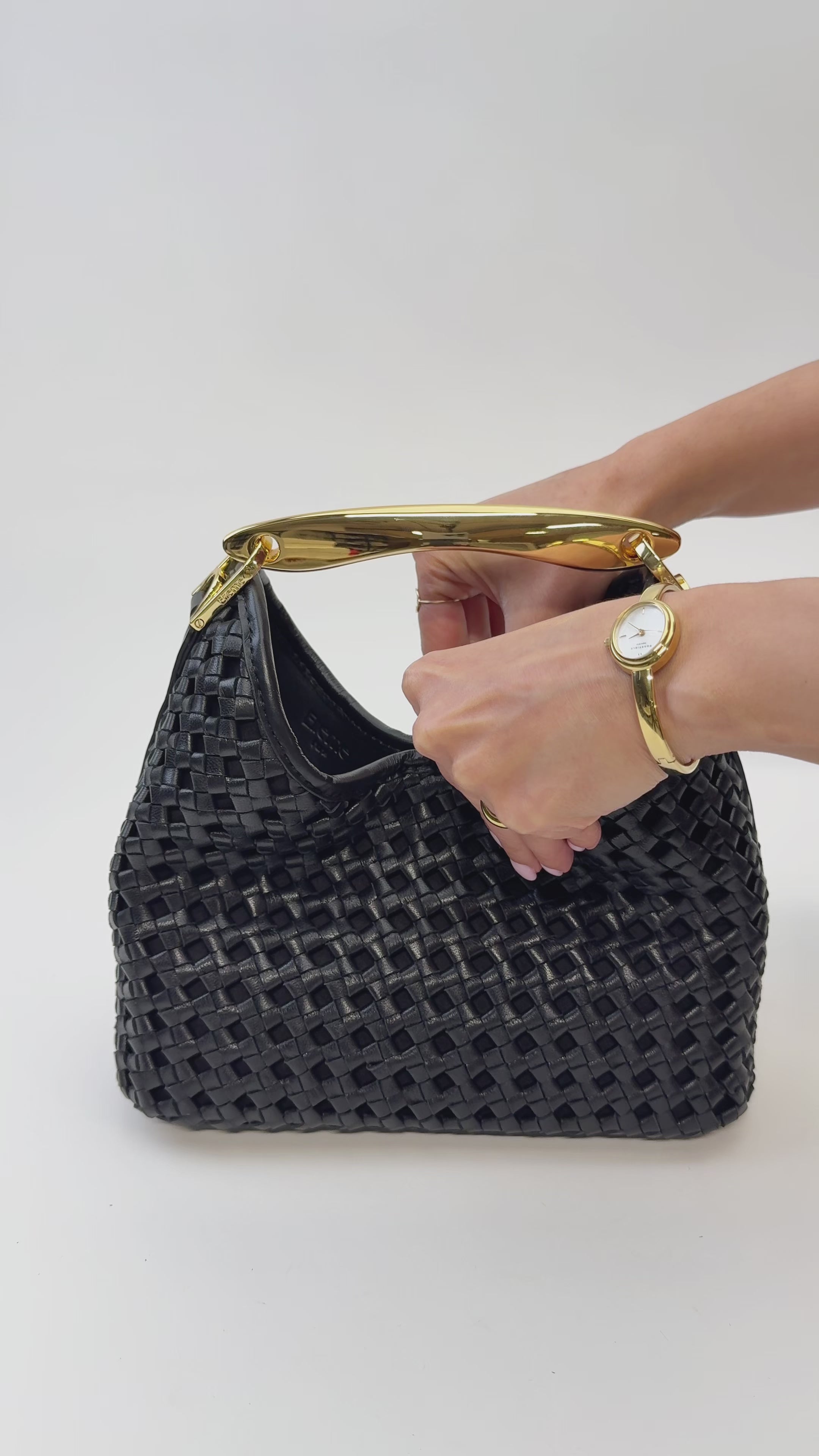Small Boomerang Woven Leather Black - Woven Leather Bags - Elleme