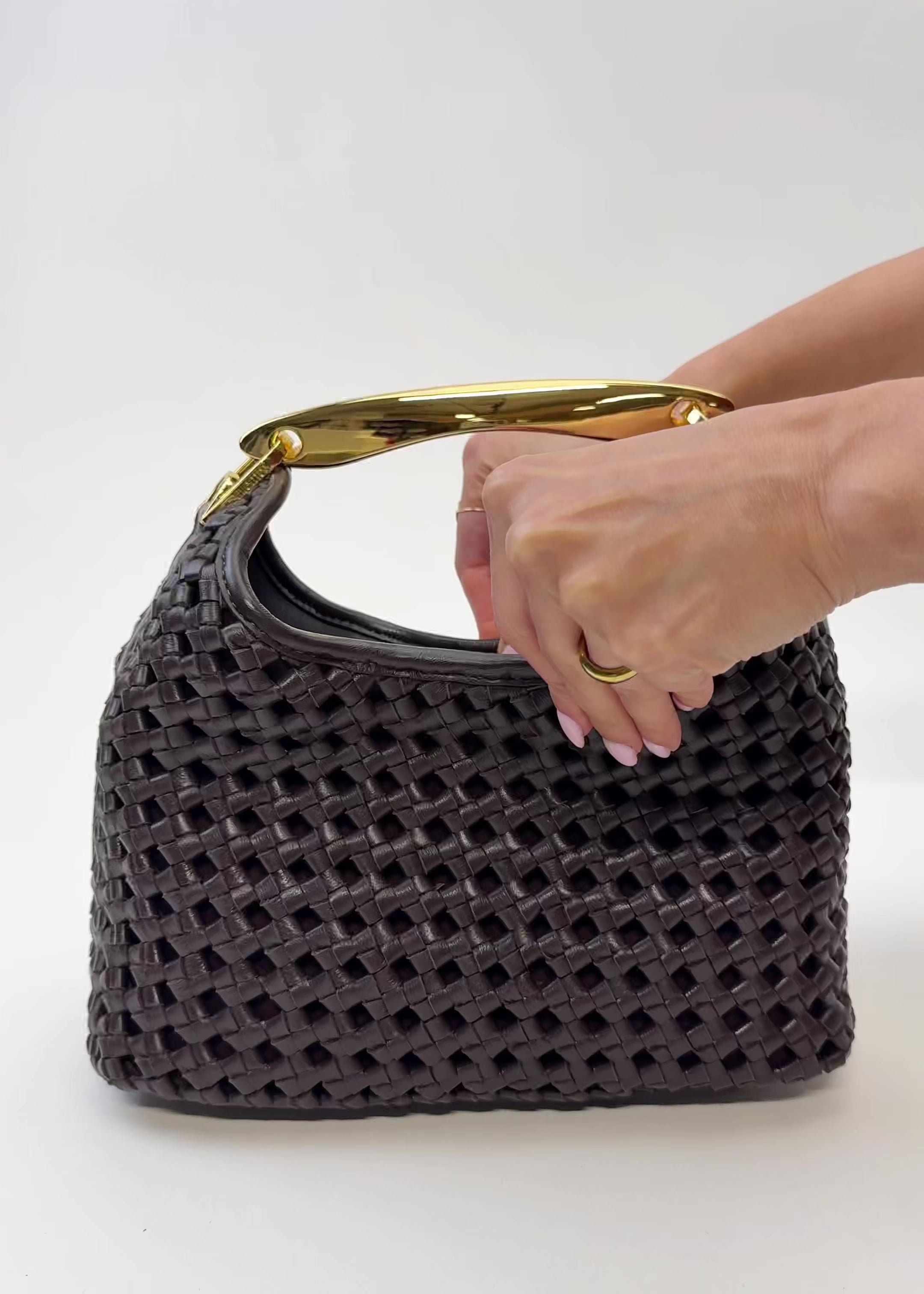 Small Boomerang Woven Leather Dark Brown - Woven Handbags for