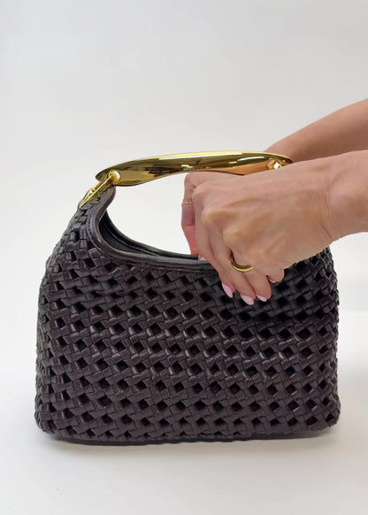 Small Boomerang Woven Leather Dark Brown